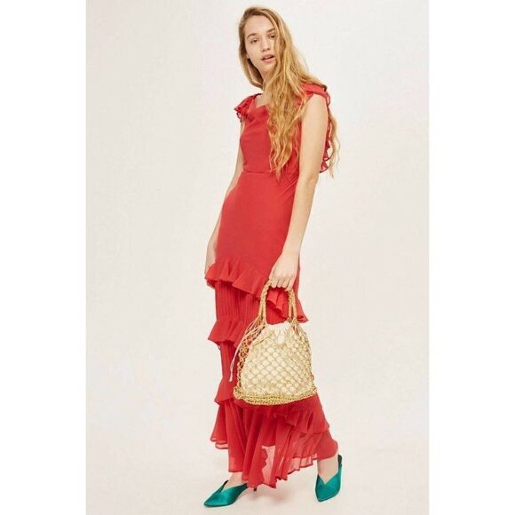 NWT TOPSHOP Sz US 4 UK 8 TIERED RUFFLE SKIRT MAXI DRESS RED $320 - Picture 1 of 5